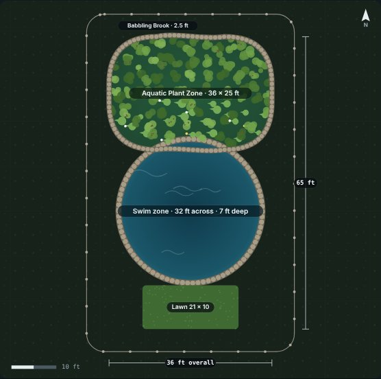 Site plan of the Cattail 32 natural swimming pool