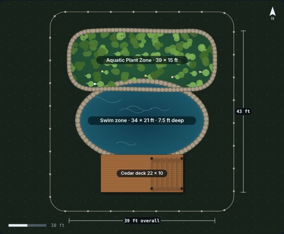 Site plan of the Lotus 34 natural swimming pool