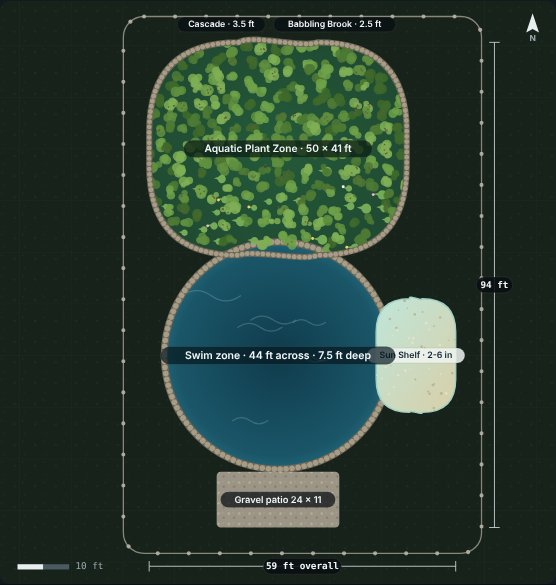 Site plan of the Basalt 44 natural swimming pool