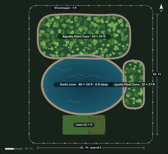 Site plan of the Meadow 48 natural swimming pool