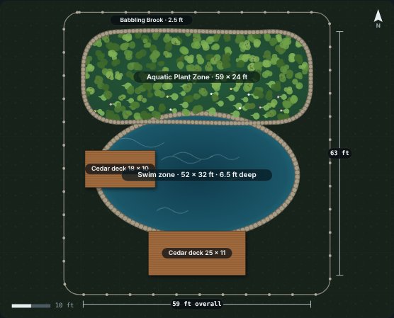 Site plan of the Brook 52 natural swimming pool