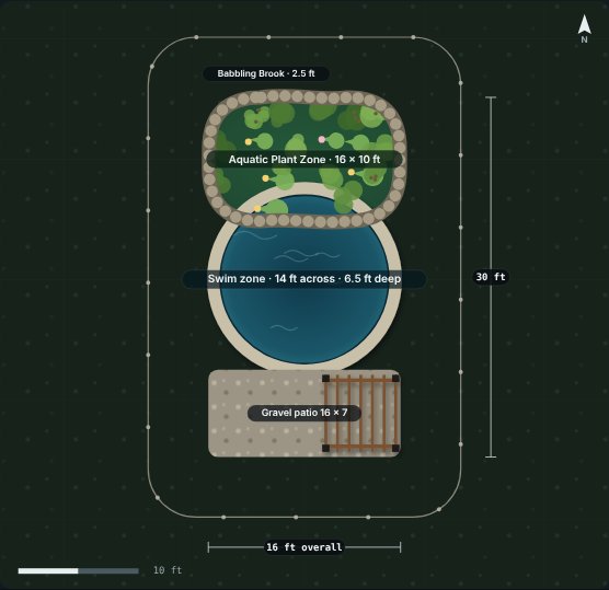 Site plan of the Kingfisher 14 natural swimming pool