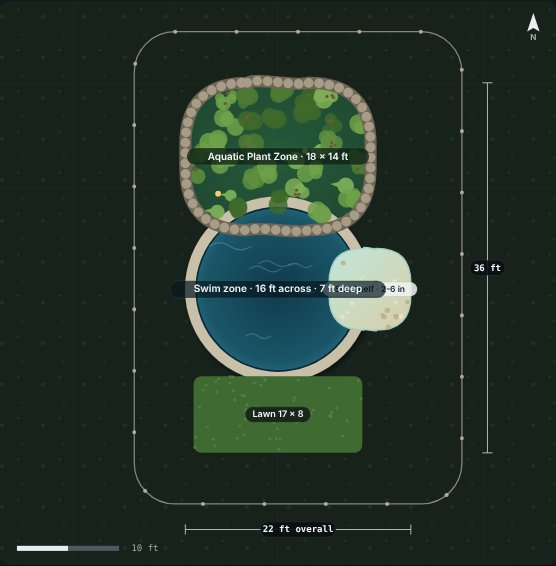 Site plan of the Dragonfly 16 natural swimming pool