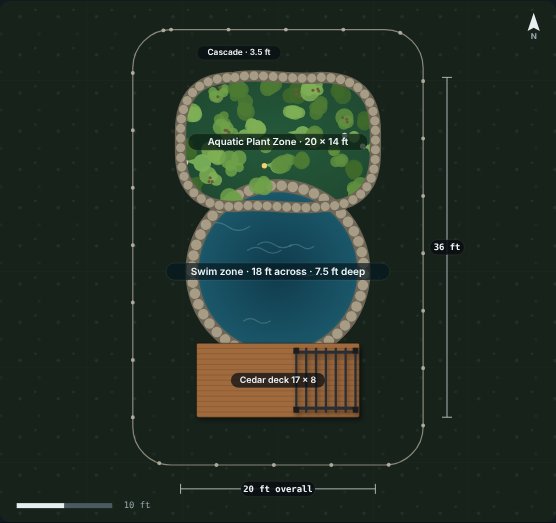 Site plan of the Bluegill 18 natural swimming pool