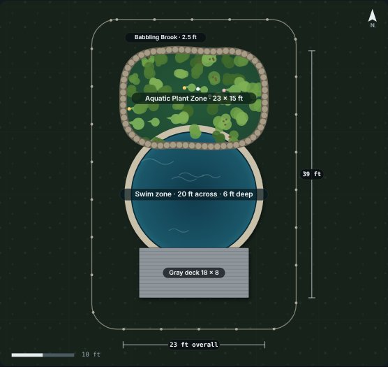 Site plan of the Marsh 20 natural swimming pool