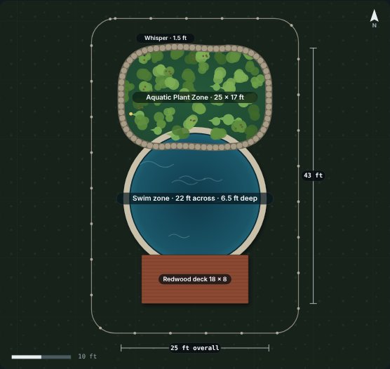 Site plan of the Canyon 22 natural swimming pool