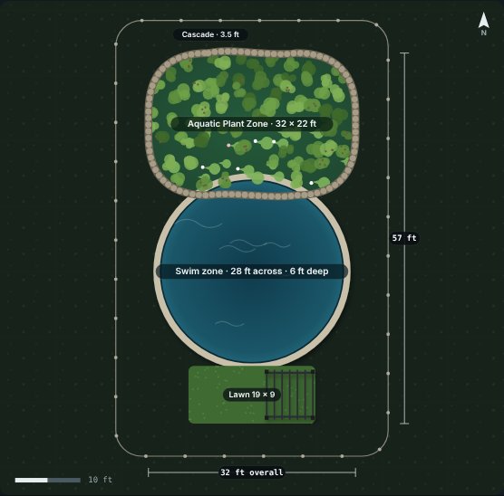 Site plan of the Birch 28 natural swimming pool