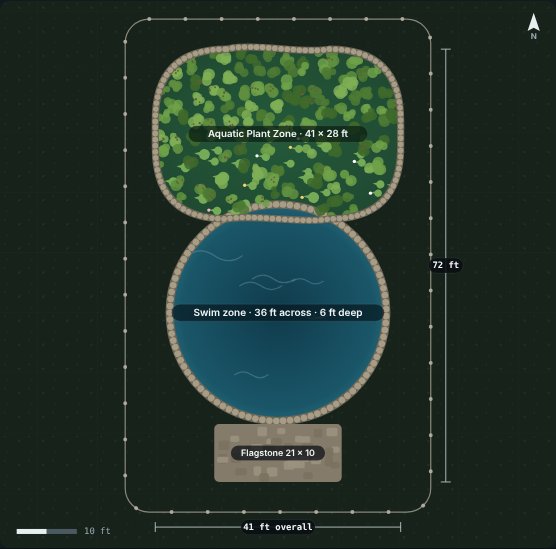 Site plan of the Lark 36 natural swimming pool