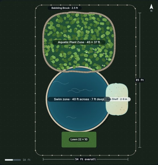 Site plan of the Trout 40 natural swimming pool