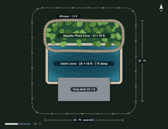 Site plan of the Sparrow 28 natural swimming pool