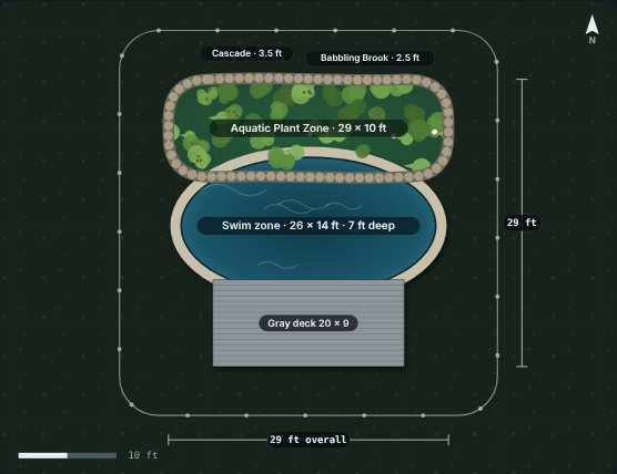Site plan of the Lily 26 natural swimming pool