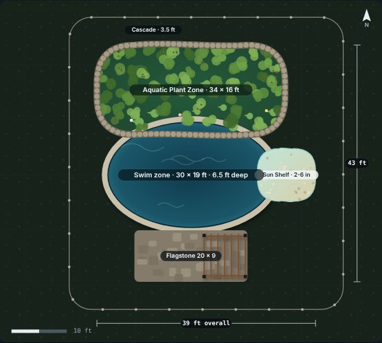 Site plan of the Cove 30 natural swimming pool