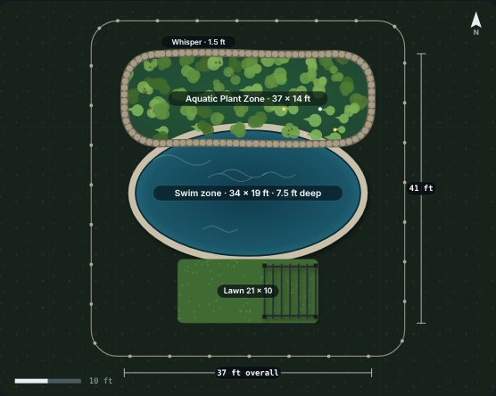 Site plan of the Glade 34 natural swimming pool