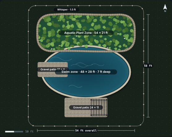 Site plan of the Fjord 48 natural swimming pool