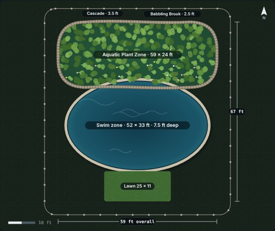 Site plan of the Lagoon 52 natural swimming pool