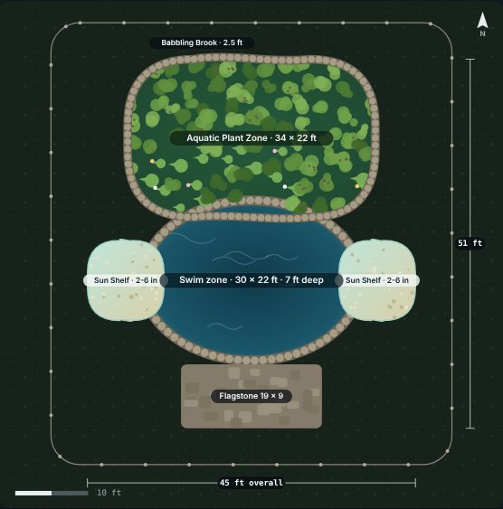 Site plan of the Shelf 30 natural swimming pool