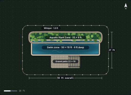 Site plan of the Lap Lane 50 natural swimming pool