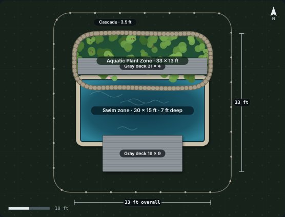 Site plan of the Crossing 30 natural swimming pool