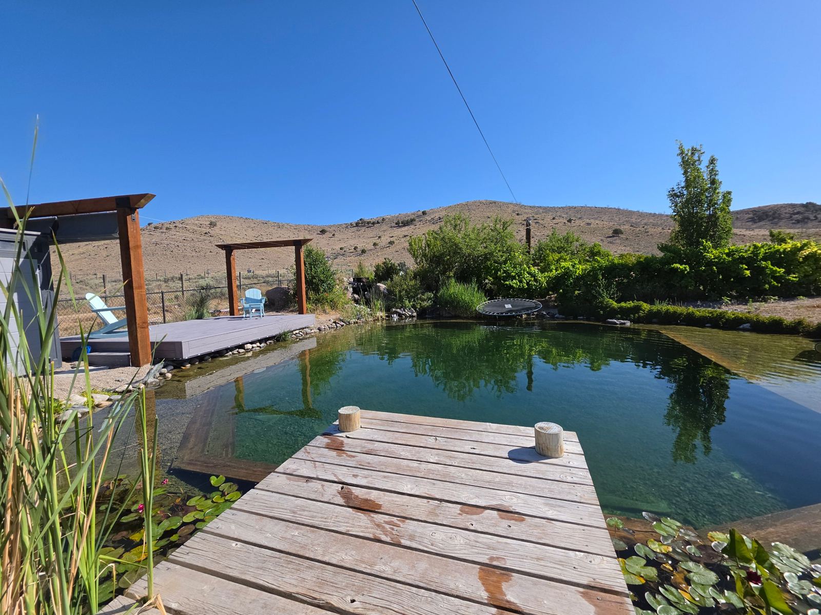 Clear natural swimming pool with a wooden dock, water lilies, a shaded deck and desert hills behind